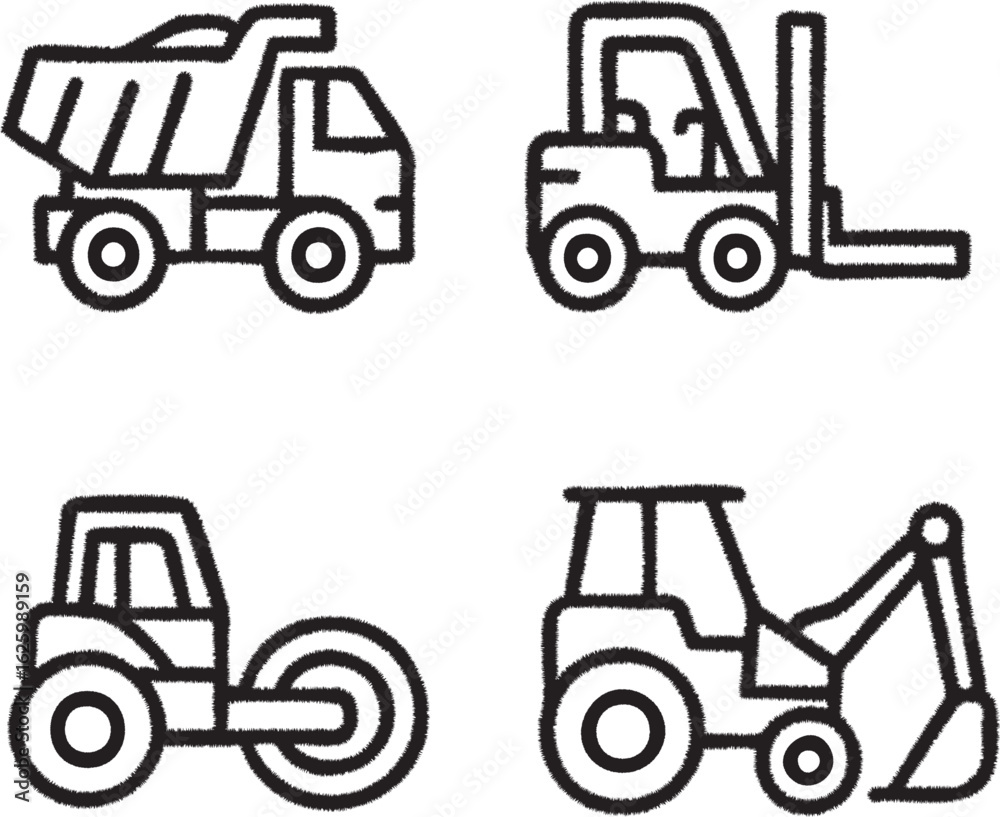 Naklejka premium Heavy equipment line art set: dump truck, forklift, cement mixer, skid steer