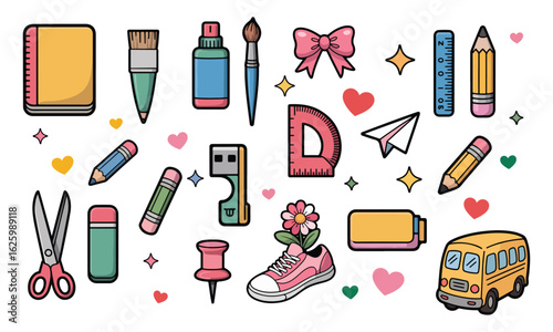 Vibrant School Supplies and Stationery Icon Set for Back to School, Classroom, Creative Learning, and Educational Projects, Vector, icons