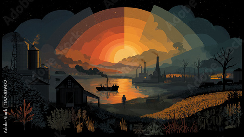 Wallpaper Mural Industrial Sunset Painting: Captivating vintage-style painting shows a mesmerizing industrial landscape where the sun has setting above factories along the river and adding the vivid. Torontodigital.ca