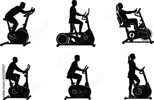 Exercise Bike Silhouette Vector Set, Upright and Spin Cycle Clipart, Fitness Training Icon Pack, Editable Black CAD Graphics