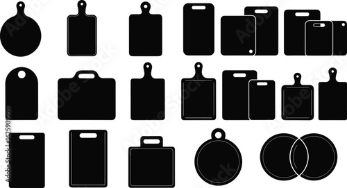 Cutting Board Silhouette Vector Pack, Kitchen Utensil Clipart Set, Culinary Icon Bundle, Editable Black CAD-Style Food Graphics