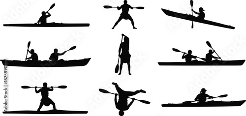 Cad Drawing Flat Vector Illustration, Kayak Silhouettes, Paddle Pose Variations, Water Sport Graphics, Dynamic Outdoor Activity Theme, Editable Design