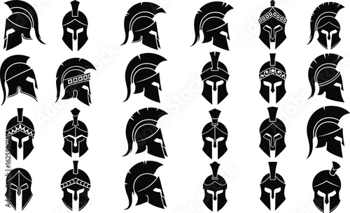 Cad Drawing Flat Vector Illustration, Helmet Silhouettes, Greek Roman Style, Battle Armor Icons, Historical Military Theme, Editable Design Pack