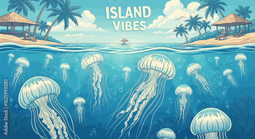 Serene tropical beach illustration with glowing jellyfish and palm trees framing a beautiful ocean sunset.