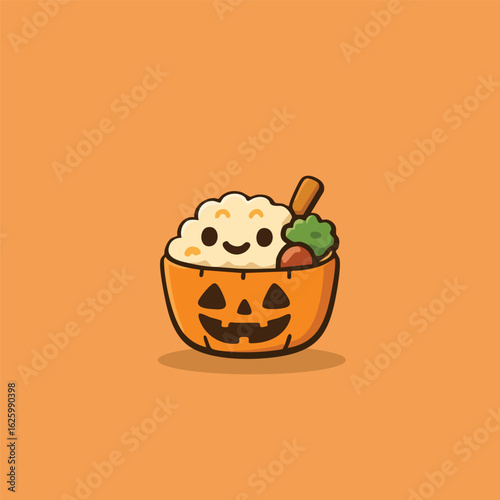 Cute kawaii food character with a happy face in a smiling orange jackolantern bowl a festive Halloween meal illustration.