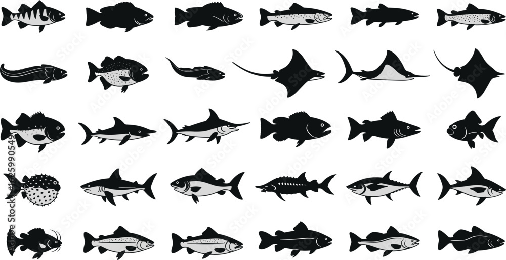 Naklejka premium Cad Drawing Vector Illustration, Fish Silhouettes Set, Diverse Marine Species, Editable Aquatic Pack, Fishing and Ocean Life Graphic Icons