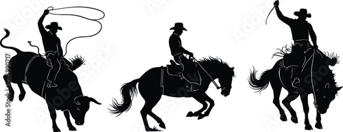 Cowboy Rodeo Silhouette Vector Set, Bull Riding and Horse Bucking Poses, Western Action Clipart Pack, Editable Black CAD Icons