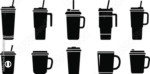 Cup and Mug Silhouette Vector Set, Black Editable Drinkware Icons, CAD Clipart for Café, Beverage, Tumbler, Hydration Graphics