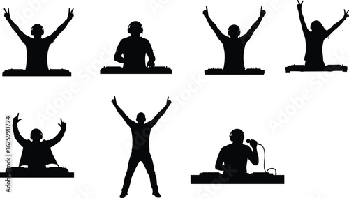 Flat Vector CAD DJ Silhouette Icon Set, Club Music Graphics, Console Performer Poses, Headphones and Mic, Editable Illustration Pack