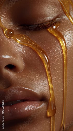 Close-up of honey dripping on african american woman's face, glowing skin beauty treatment in slow motion, sensual skincare concept in 4K UHD with rich texture and golden light