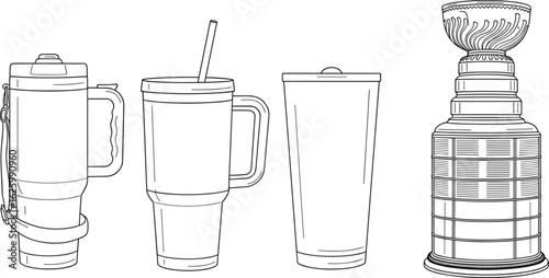 Insulated Mug and Tumbler Silhouettes, Travel Cup Icons, CAD Clipart for Outdoor Gear, Stanley Trophy Vector for Sports Bundle