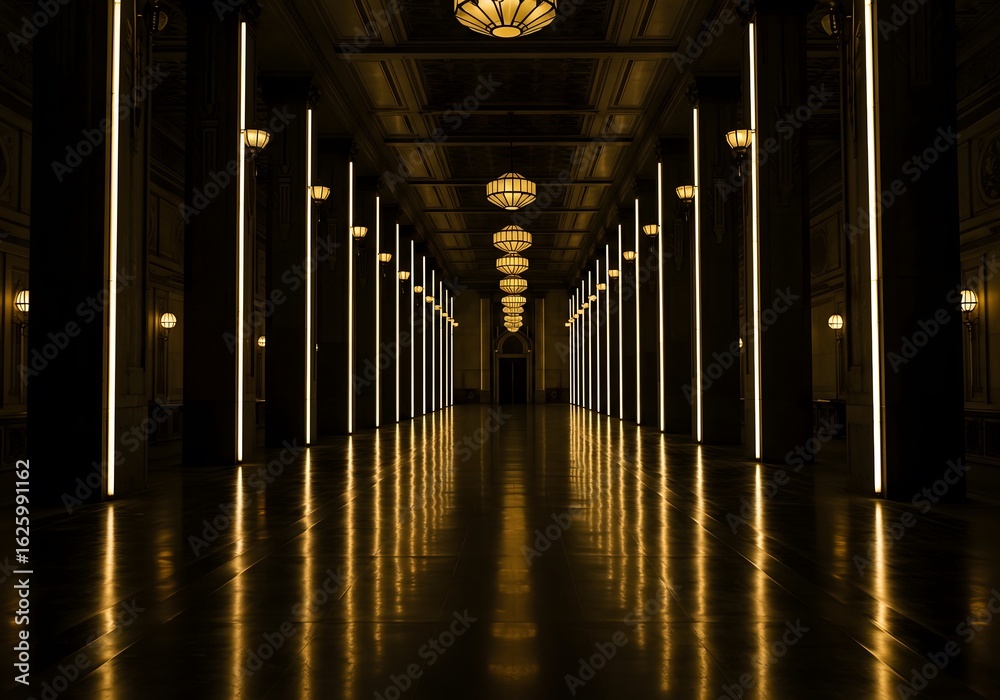 Fototapeta premium luxury corridor featuring symmetrical glowing light pillars