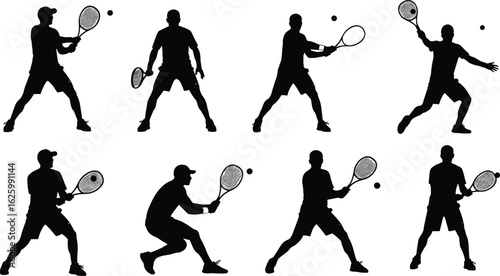 Tennis Player Silhouettes Vector, Black Sport Icons in Action Poses, Editable CAD Clipart for Athletics, Training, Fitness Graphics