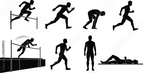 Flat Vector CAD Silhouette Set, Track and Field Athletes, Sprint and Jump Poses, Sports Movement Icons, Editable Athletic Graphic Pack
