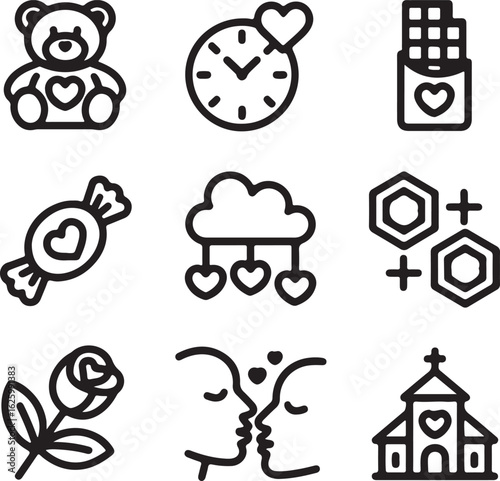 A collection of romantic and sweet icons representing love and affection including a teddy bear clock chocolate candy hearts rose kissing couple and church
