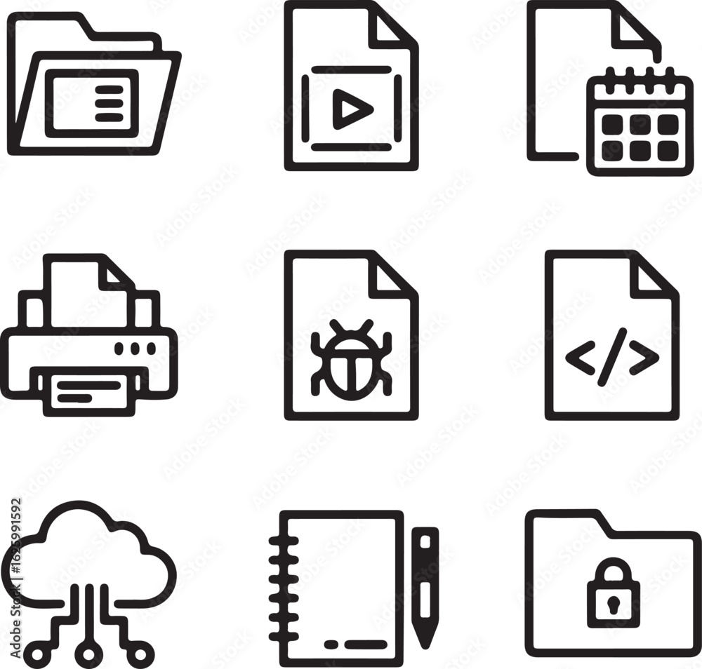 Collection of clean modern line art icons representing digital documents data management and technology concepts for web and app design Collection of clean modern line art icons representing digital documents data management and technology concepts for web and app design