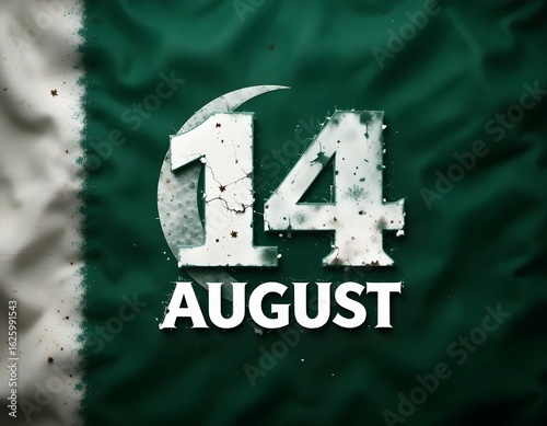 14 August typography with green background.