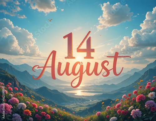 14 August typography with blue color background.