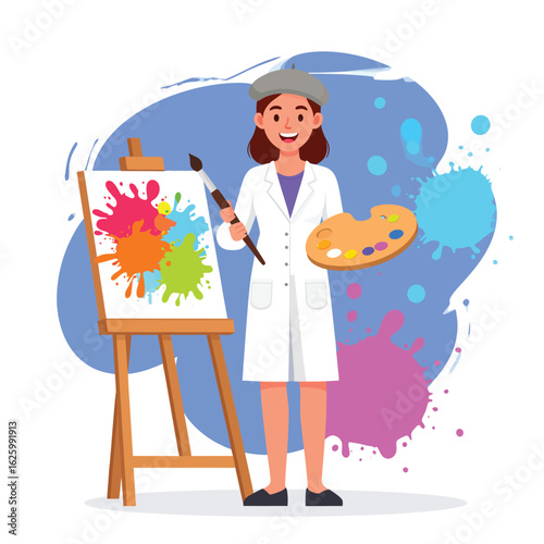 Creative woman artist in a smock and beret, joyfully painting a colorful abstract masterpiece on an easel. Vector illustration of an artistic hobby and profession.