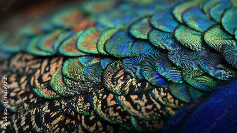 Obraz premium Peacock's Feather in Detail: An exquisite close-up showcases the vibrant colors and intricate patterns of a peacock's feather, revealing the beauty of nature's artistry.