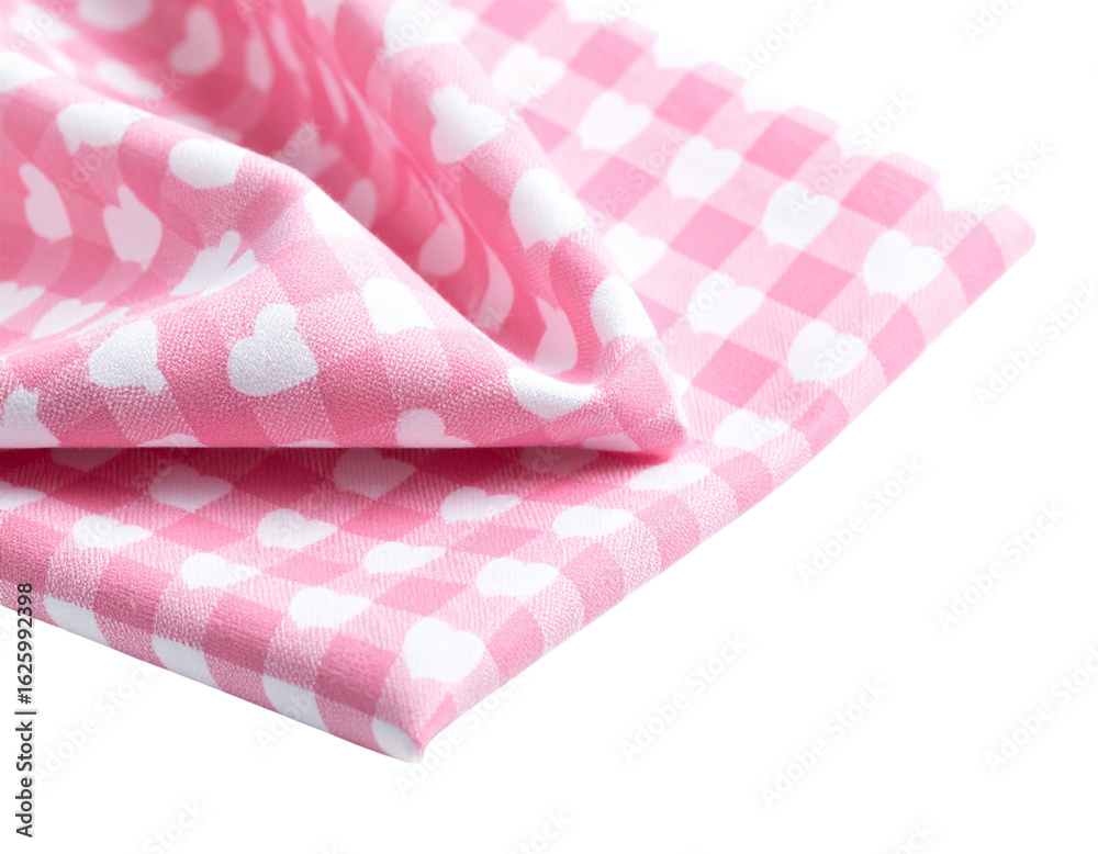 Fototapeta premium Pink Heart Gingham Fabric Folded with Shadow Depth, Realistic Textured Swatch, Isolated on White Background