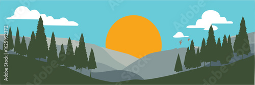 Nature Sunset Over Mountains, Scenic Landscape Illustration, Peaceful Environment, Serene Viewpoint, Calm Concept