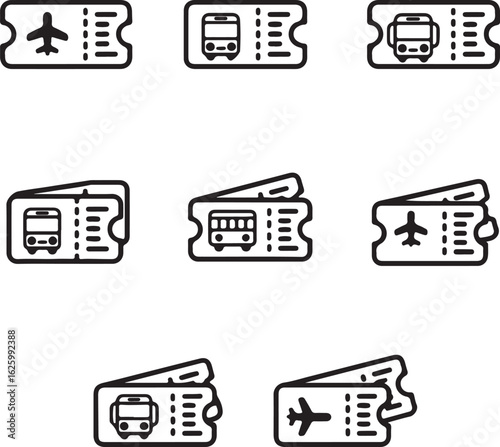 Collection of simple line art icons representing travel tickets including airplane and bus motifs ideal for transportation booking and travel planning concepts
