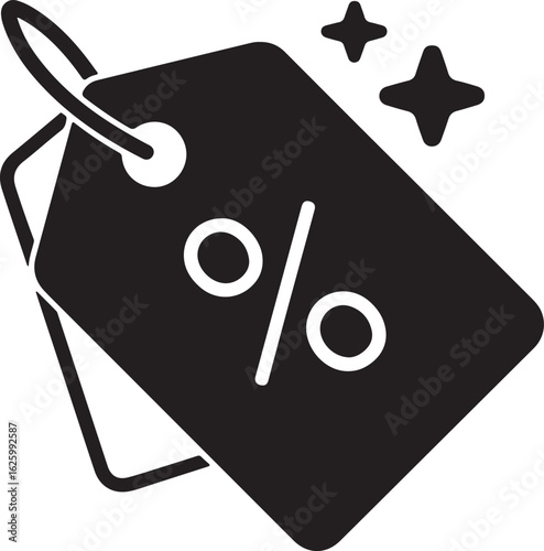 Black silhouette of a sale tag with a white percentage symbol and sparkling stars representing discounts promotions and special offers for retail and shopping