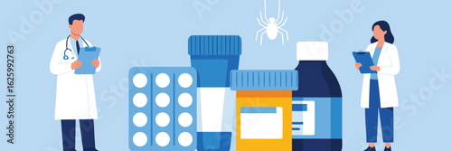 Doctors with Medical Forms, Pill Bottles and Blister Pack, Illustration, Light Blue Background