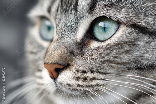 Charming close-up of a lovely gray tabby cat, featuring captivating eyes and plush fur for feline aficionados and pet admirers
