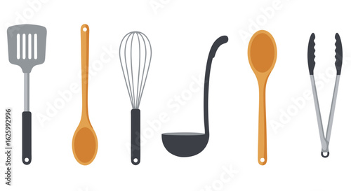 Vector collection of essential kitchen utensils. Flat design icons of a spatula, wooden spoon, whisk, ladle, and tongs for cooking.