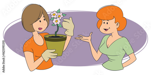 Cute girl with plant in pot.