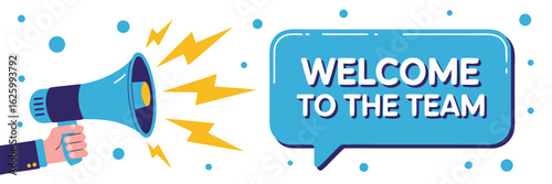 Hand Holding Megaphone with Welcome to The Team Message and Lightning Bolts Illustration