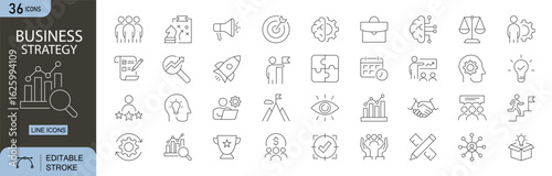 Business Strategy icons set. Includes icons for planning, vision, goals, market, analysis, decision, growth, leadership, and innovation. Editable stroke. Line icons. Perfect for infographics.