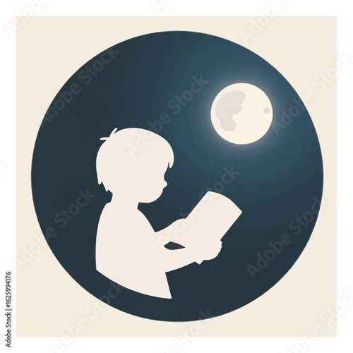 Silhouette of a child reading a book under the moonlight capturing a serene and magical atmosphere with a dreamy illustration