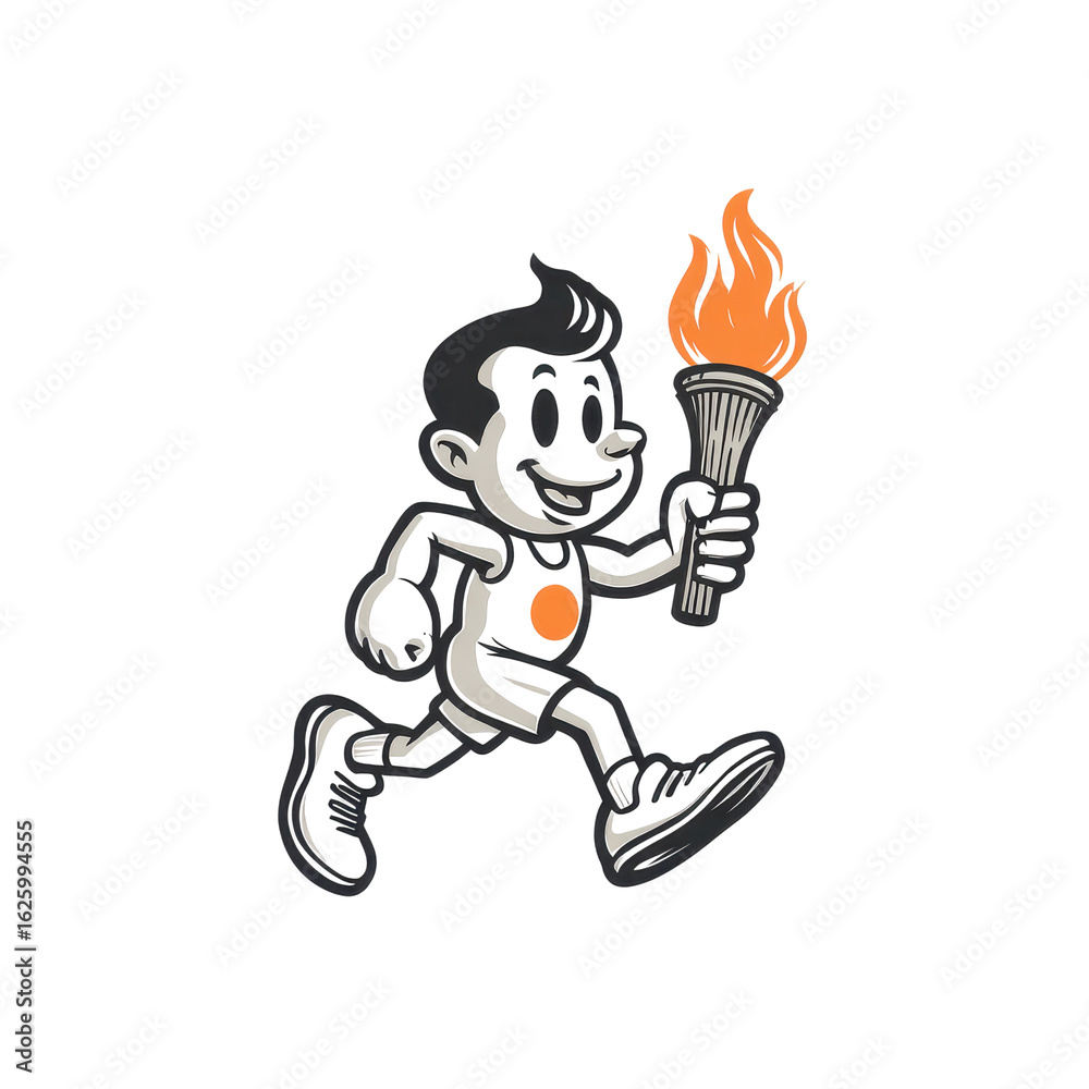 Obraz premium Cartoon boy running with a torch athletic pose flame sport fitness winner