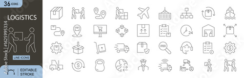 Logistics icons set. Includes icons for delivery, cargo, shipping, warehouse, truck, parcel, tracking, freight, inventory, and distribution. Editable stroke. Line icons. Perfect for infographics.