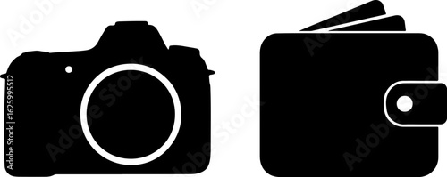 Black silhouette of a camera and a wallet with cards and cash protruding from it silhouette