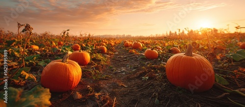 Orange pumpkins in a field at sunrise (1)
