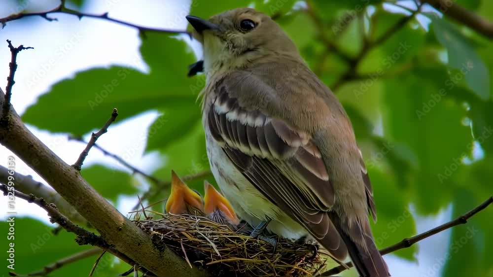 Bird Feeds Chicks in Nest: Close-Up of Wildlife Family in Nature Bird Feeds Chicks in Nest: Close-Up of Wildlife Family in Nature