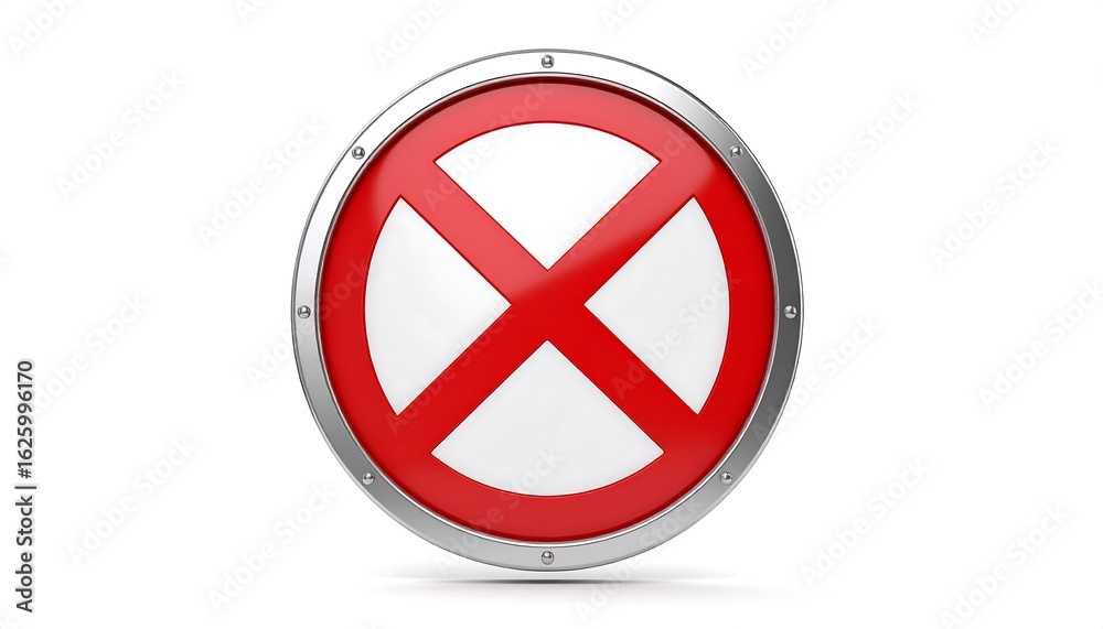 Fototapeta premium Red Cross Symbol in Circle with Chrome Border on White Background