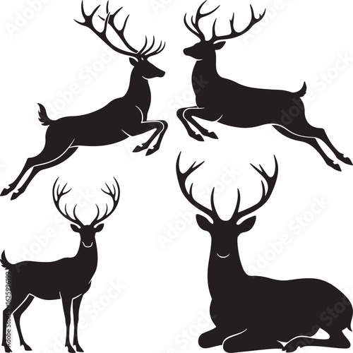 A silhouette set of wild deer, including reindeer and stags, with detailed antlers, perfect for a vector illustration