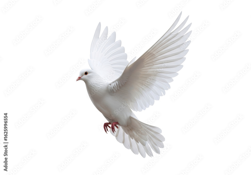 Obraz premium Majestic white dove with pristine feathers, sleek and perfectly formed, dynamically in mid-flight with wings spread wide against a transparent studio background with soft shadowless lighting, concept