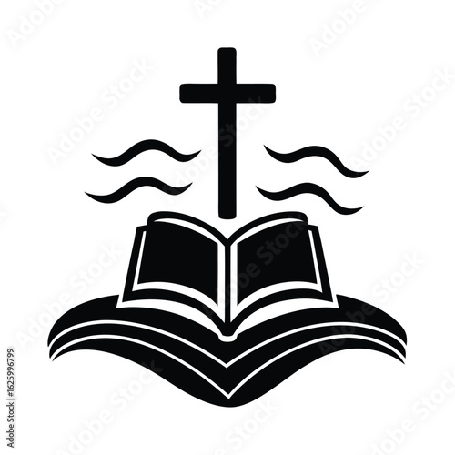 Cruz Bautismal Flotando Sobre Biblia Abierta y Cielo