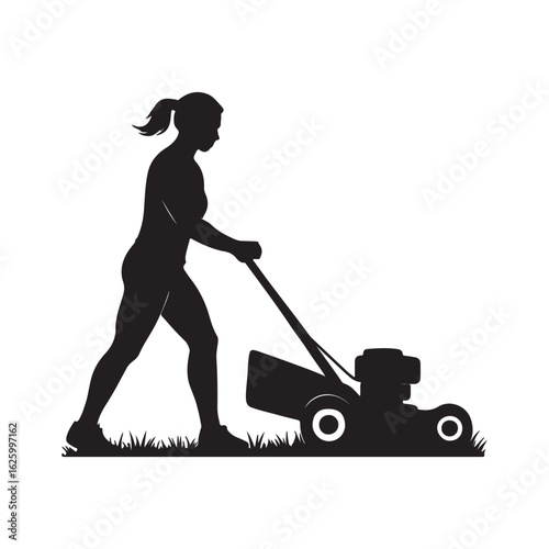 "Silhouette of Woman Mowing Lawn with Grass Cutter – Yard Work Vector"

