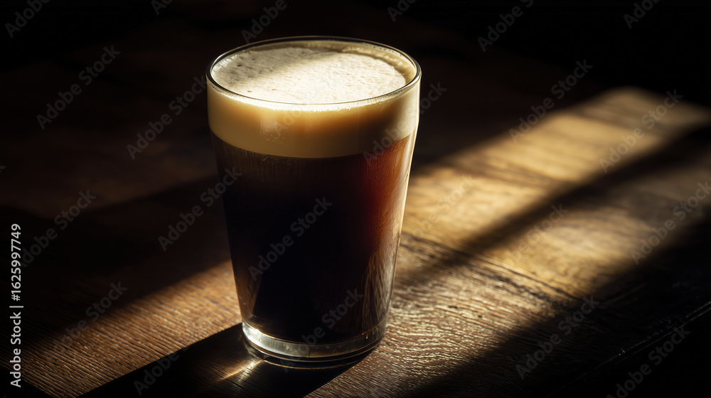 Dark beer with creamy foam in moody lighting on wooden table creates cozy and inviting atmosphere, perfect for relaxed evening at pub Dark beer with creamy foam in moody lighting on wooden table creates cozy and inviting atmosphere, perfect for relaxed evening at pub