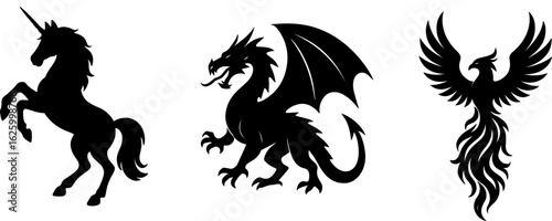 Mythical creatures unicorn dragon phoenix trio silhouette against white background