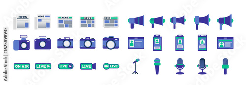 set collection of blue and green press day icon including news, microphone, id car, camera, megaphone, and live sign