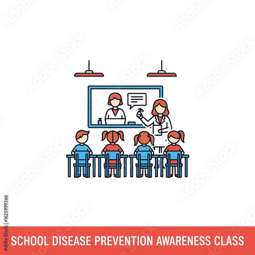 An illustration depicts a teacher giving a disease prevention lesson to students sitting at desks in a classroom.