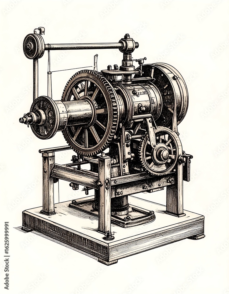 Fototapeta premium Detailed drawing of an antique industrial machine with gears and belts